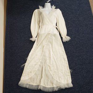 Hill House Womens White Silk Wrap Robe Size XS Beaded Feathers Tulle V-Neck Luxe